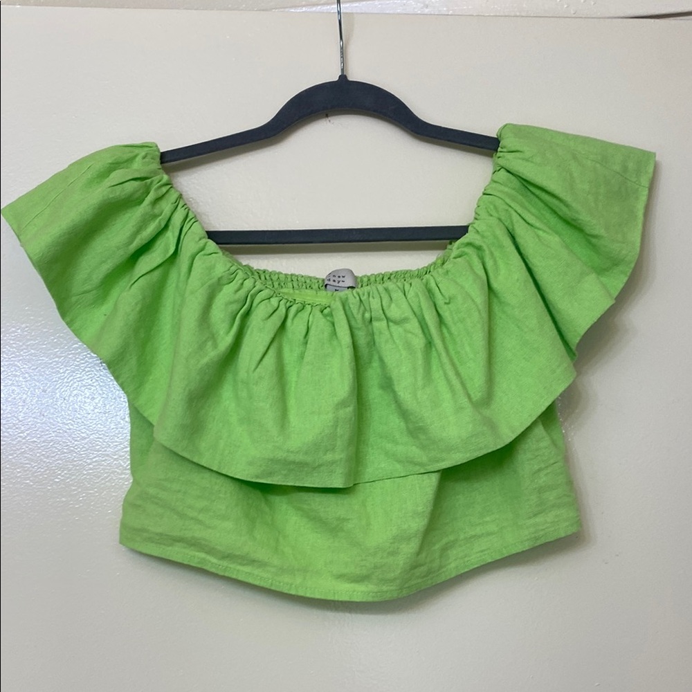 Lime Green Off the Shoulder Ruffle Linen Crop Top - Picture 3 of 6